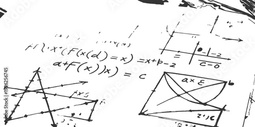Hand drawn mathematical equations and physics formulas with graphs and charts on white background vector illustration.