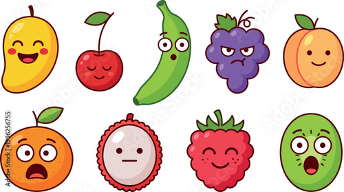 Cartoon fruits with expressive faces showing emotions, including apple, blueberry, banana, plum, pear, orange, lychee, strawberry, pineapple