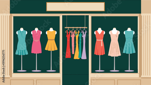 Clothing store window display with colorful dresses on mannequins and a rack of hanging garments against a dark green background