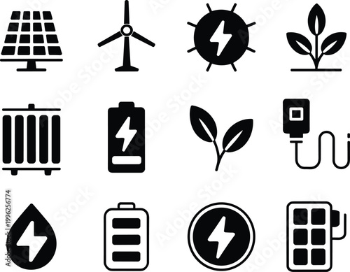 flat design renewable energy icons set with solar wind power battery and eco technology symbols