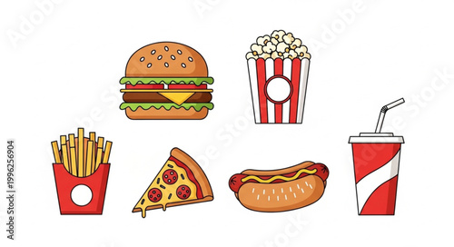 Collection of popular fast food items and drinks.