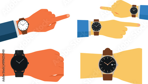 Flat vector illustration set of hands wearing wristwatches showing time, pointing gestures, modern fashion accessories collection isolated background