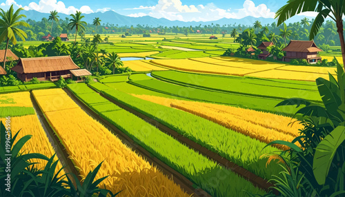 Flowing field contours surrounding cottages across expansive plain. Sweeping harvest bands with palms, ponds, and remote skyline. Spacious agrarian panorama showcasing curved paddies and hamlets
