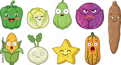 Cute Cartoon Vegetable and Fruit Characters Set with Bell Pepper Napa Cabbage Chayote Red Cabbage Yam Corn Turnip Starfruit Pumpkin Funny Faces Vector Illustration