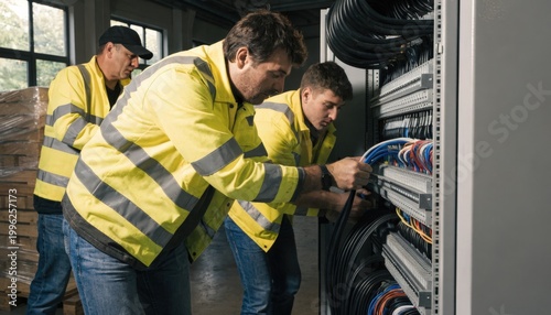 Electricians carefully routing aircraft wiring under the floor panels securing cables through tight spaces within the fuselage frames to ensure clean organized electrical pathways.