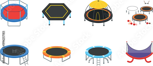 Trampoline collection set with various outdoor jumping equipment and play structures isolated vector illustration kids activity design bundle