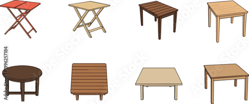 Wooden table collection set with folding dining and coffee tables isolated vector illustration furniture interior design elements bundle