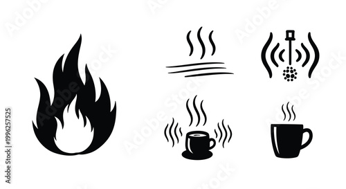 Black icons depicting heat steam and hot beverages a silhouette
