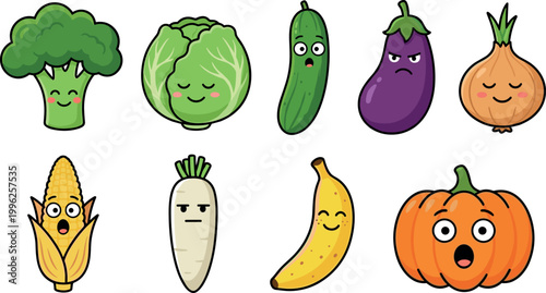 Cute Cartoon Vegetable and Fruit Characters Set with Broccoli Cabbage Cucumber Eggplant Onion Corn Radish Banana Pumpkin Funny Faces Vector Illustration
