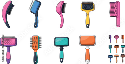 Pet grooming brush collection set with various combs and slicker tools isolated vector illustration animal care equipment design bundle