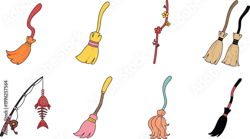 Witch broom collection set with magical flying brooms and decorative sticks isolated vector illustration fantasy halloween design bundle