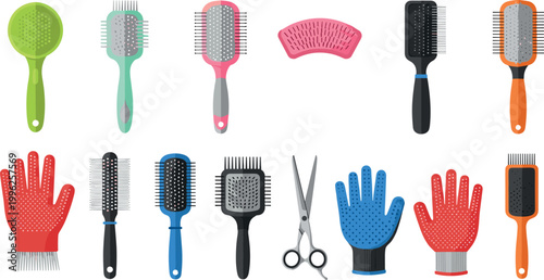 Pet grooming tools collection set with brushes gloves and scissors isolated vector illustration animal care equipment design bundle