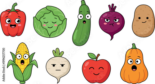 Cute Cartoon Vegetable Characters Set with Funny Faces Pepper Cabbage Cucumber Beetroot Potato Corn Turnip Apple Pumpkin Vector Illustration Collection