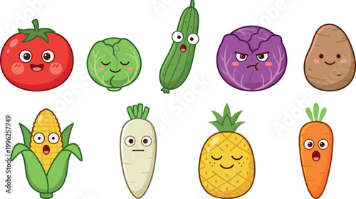 Cute Cartoon Vegetable and Fruit Characters Set with Tomato Cabbage Cucumber Purple Cabbage Potato Corn Radish Pineapple Carrot Funny Faces Vector Illustration