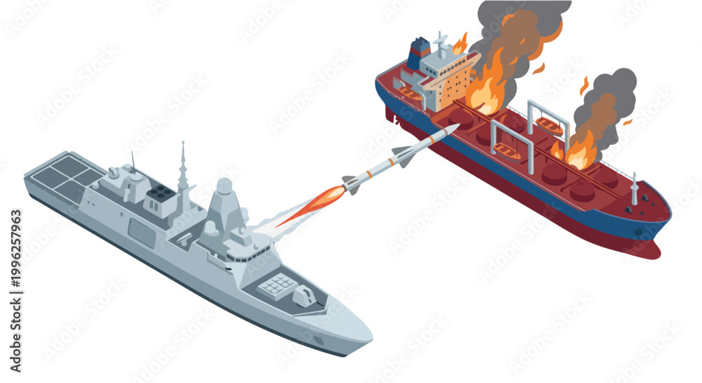 Obraz premium vector isometric of a warship shooting an enemy ship 09