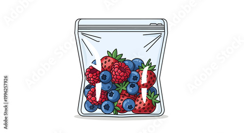 Fresh berries in a clear plastic bag, blueberries and strawberries