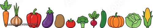 Fresh Vegetable Collection Vector Illustration with Carrot Onion Bell Pepper Eggplant Potato Tomato Broccoli Radish Cucumber Pumpkin Cabbage and Corn Icons Set