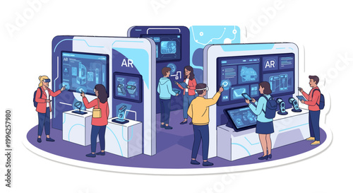 People interacting with large smartphones and augmented reality technology