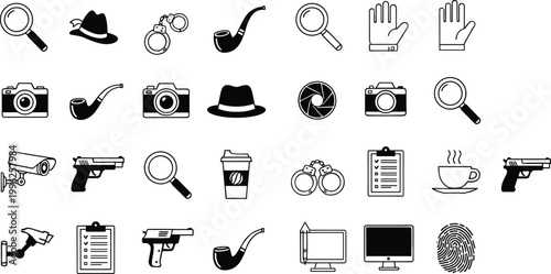 Minimal black detective and surveillance icons set including magnifier camera gun fingerprint pipe hat symbols