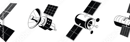 Futuristic satellite constellation orbiting Earth in deep space with solar panels and antennas
