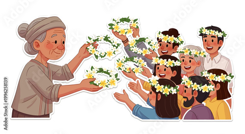people wearing flower crowns, happy friends with floral wreaths on head