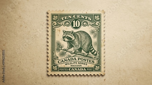Vintage Canadian wildlife series postage stamp illustration featuring a raccoon on a branch, artfully rendered with classic detail on an aged paper background