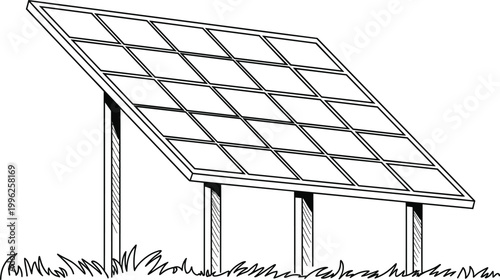 Solar panel installation on grassy ground with clean energy concept line art illustration