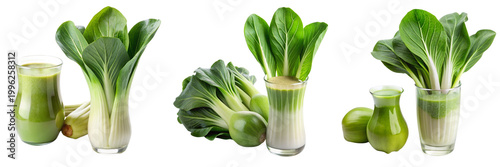 Set of a glass of green liquid next to a vase of green vegetable isolated on a transparent background 