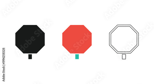 Three octagonal stop sign variations black red and white outline
