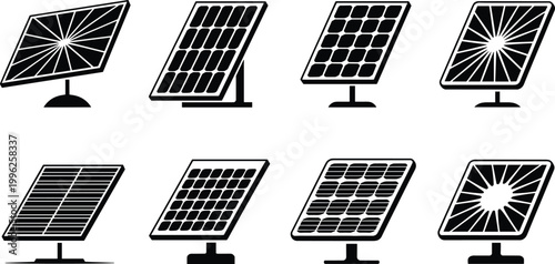 Set of eight flat design solar panels on stands for renewable energy and clean power technology illustration