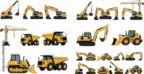 Collection of construction vehicles and heavy machinery vectors including excavators cranes dump trucks bulldozers loaders and engineering equipment set