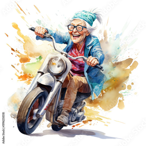 Elderly caucasian female riding motorcycle with joyful expression and vibrant splashes - concept of adventure and freedom for travel agencies, motorcycle brands, retirement homes