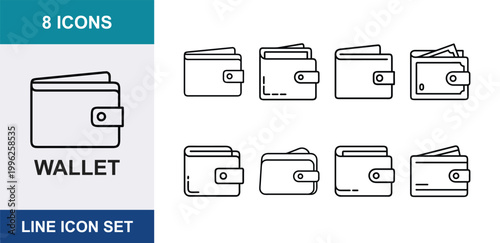 8 Wallet linear icons money purse cash credit card pocket billfold finance, UI and web interface design