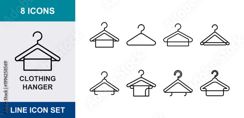 8 Clothing hanger linear icons closet storage, laundry hook, garment rack, fashion retail, UI and web interface design