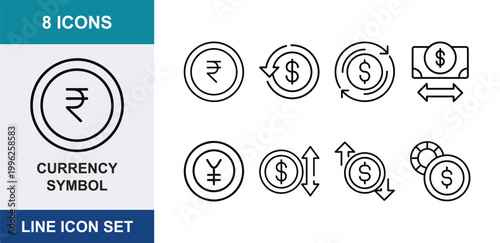 8 Currency linear icons rupee dollar yen coins exchange rate bank note money transfer, UI and web interface design