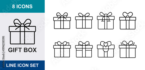 8 Gift box linear icons ribbon bow present package surprise heart wrap, UI and web interface design