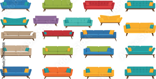 Collection of modern sofas and couches vector illustrations in different colors stylish furniture living room interior design set