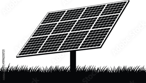 Solar panel on grass field with clear sky background for renewable energy concept