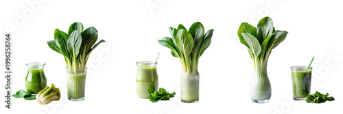 Set of a glass of green liquid next to a vase of green vegetable isolated on a transparent background
