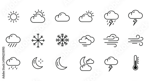 Minimalist weather icon set with 18 line vector elements, modern meteorology symbols for forecast apps, black outline climate and temperature graphics