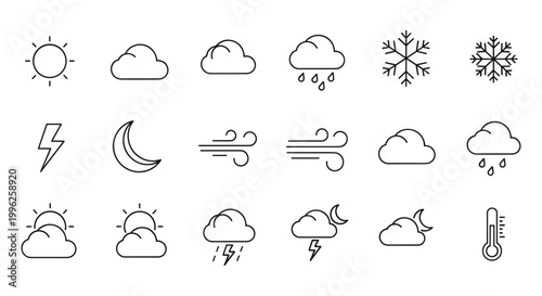 Minimalist weather icon set, 18 thin line vector symbols for meteorology, black outline climate signs for mobile app and forecast interface
