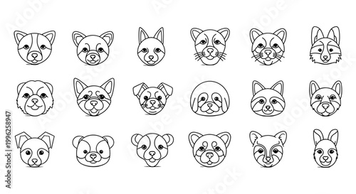 Minimalist animal head line icons, set of 18 geometric pet and wildlife face vectors, clean black and white outline illustrations for logos
