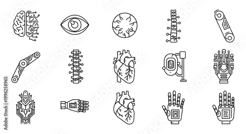 Cybernetic bionic body parts line icons, set of 15 robotic organ and limb vector elements, futuristic prosthetic technology and artificial intelligence symbols