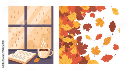 A cozy scene of a steaming cup of coffee and an open book on a rainy day with autumn leaves falling outside the window.