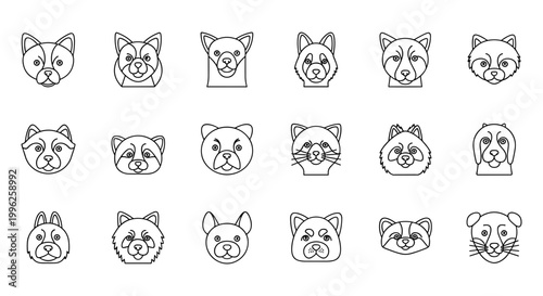 Minimalist animal head icons set, 18 thin line vector illustrations of wild animals and pets, modern geometric animal face symbols for branding