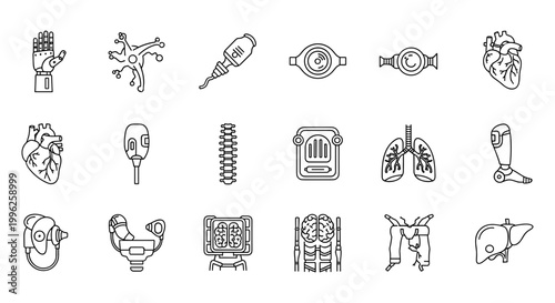 Bionic internal organs and prosthetic limbs vector icon set, 18 robotic body parts and artificial implants, futuristic cybernetic anatomy line art