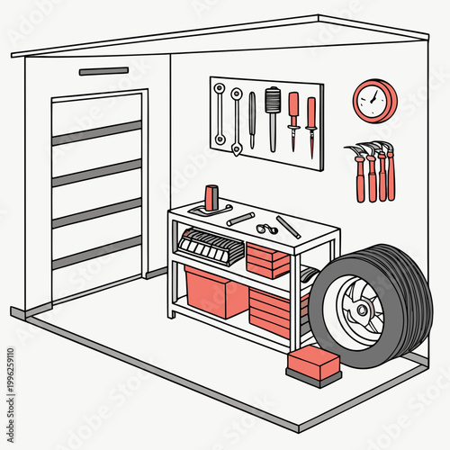 Isometric garage shed interior with workbench tools tire storage boxes, industry