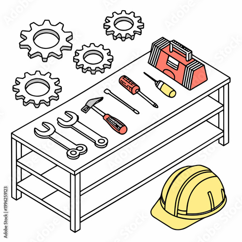 Workbench with tools gears hard hat manual labor gear wheels workbench