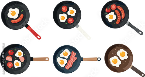 Collection of frying pan breakfast food vector illustrations with eggs bacon sausages and vegetables cooking meal set