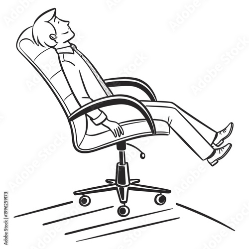 Man relaxing in executive chair eyes closed stress-free expression with line art